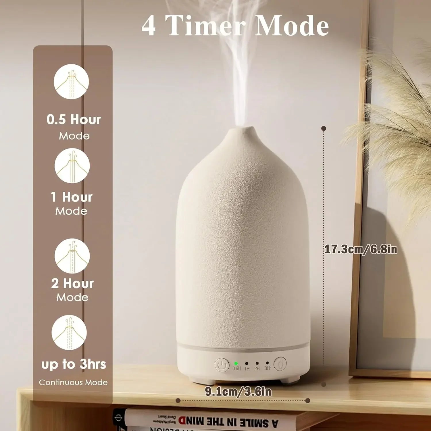 White diffuser with 4 timer modes displayed on a shelf.